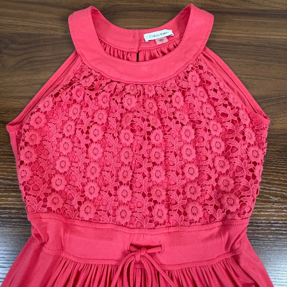 Calvin Klein Coral Pink Jersey Maxi Dress Sleeveless Lace Halter Neckline Size 4